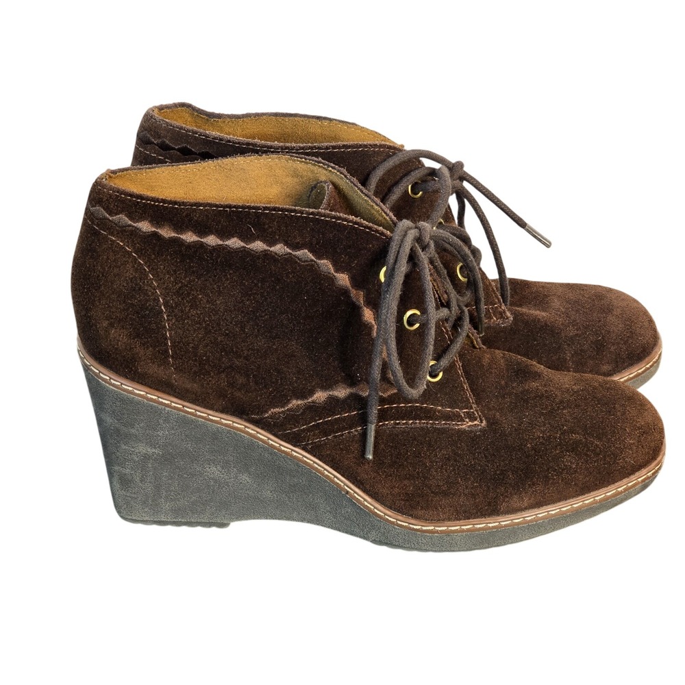 Naturalizer Kaitlyn Brown Suede Wedge Booties Scalloped Lace Up Ankle Boots 8.5M